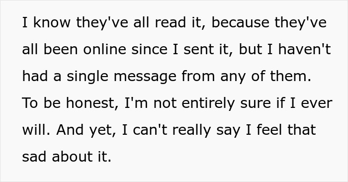 Text excerpt discussing lack of response from family after forgiveness related to beating incident five years ago.