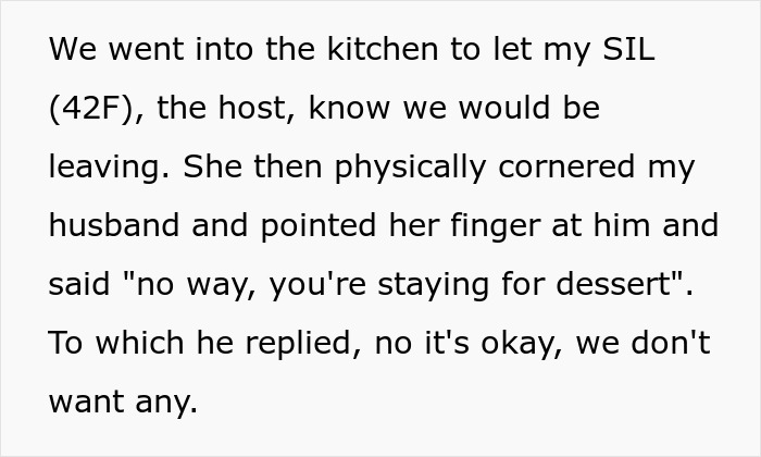 Host SIL holds couple hostage at dinner, threatening to destroy their car with food if they try to leave early.