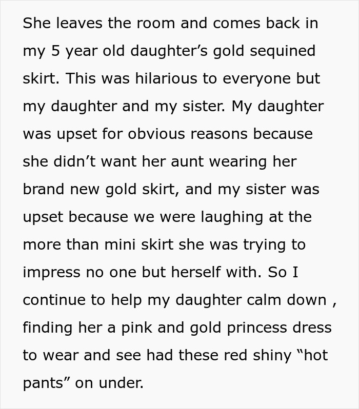 Woman stealing 5-year-old niece&rsquo;s gold sequined skirt causes upset as aunt tries to wear it and lie about it.