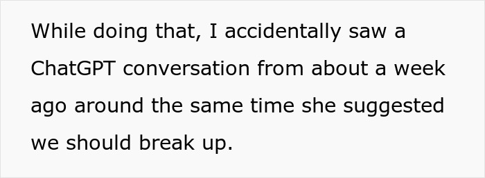 Text on image showing a message about accidentally seeing a ChatGPT conversation involving a breakup suggestion.