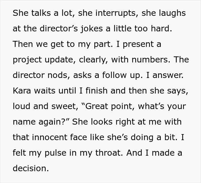 Office Karen belittles coworker by forgetting her name during a meeting, leading to public humiliation and tension.