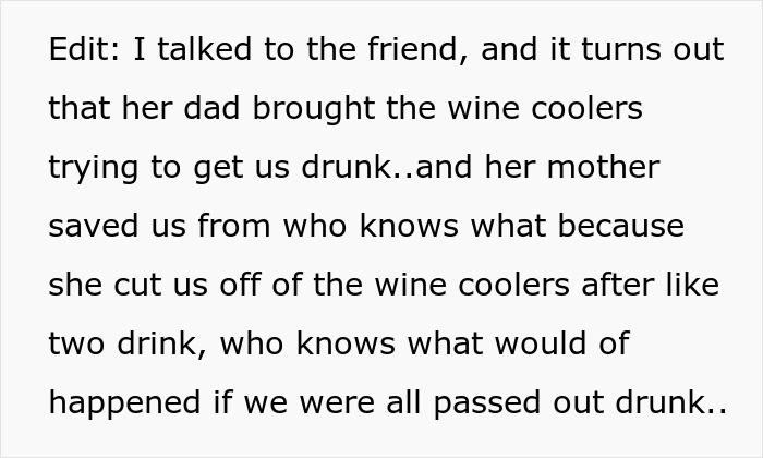Text discussing a creepy dad lying to avoid trouble, involving wine coolers and intervention from the wife’s mother.