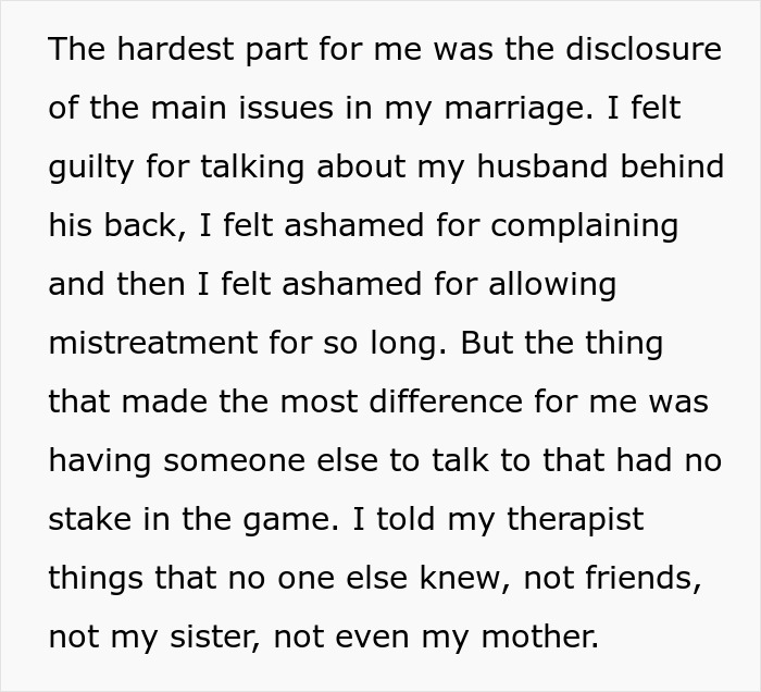 Text excerpt discussing marriage issues, feelings of guilt and shame, and the importance of talking to a therapist.