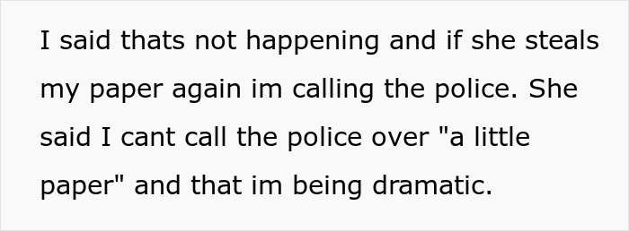 Text excerpt discussing neighbor religious pamphlet dispute and mentioning calling the police over stolen paper.