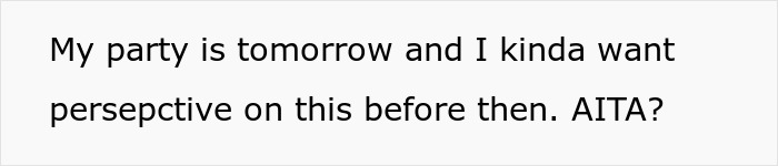 Text snippet showing a person asking for perspective on a party situation involving food allergy restrictions.