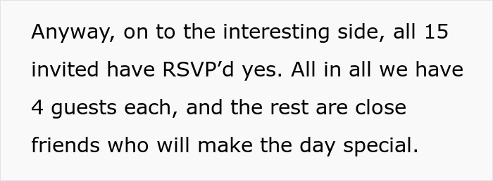 Text excerpt about invited guests RSVPing yes, relevant to estranged relatives demanding wedding access.