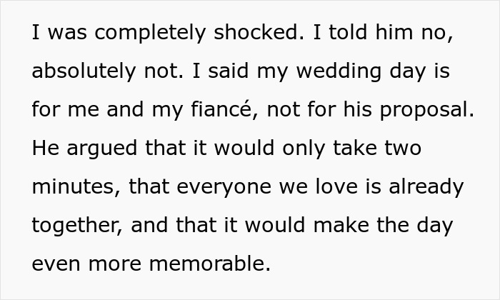 Text excerpt showing a bride refusing a surprise wedding proposal, highlighting the bridezilla reaction during sister’s wedding. Text excerpt showing a bride refusing a surprise wedding proposal, highlighting the bridezilla reaction during sister’s wedding.
