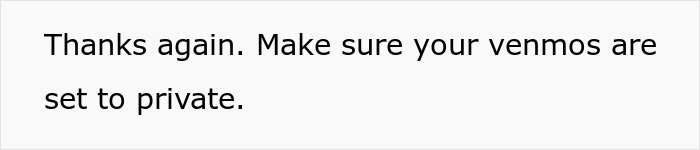 Text message reminding to keep Venmo accounts private, related to Venmo search and uncovering a fabricated past.