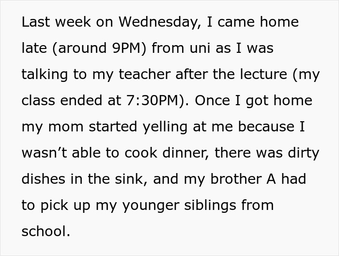 Text excerpt about a 20-year-old feeling burned out managing chores and school while facing family pressure at home.