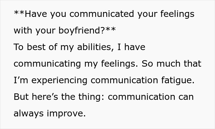 Text discussing communication struggles between a woman and her boyfriend feeling emasculated when she fixes things.