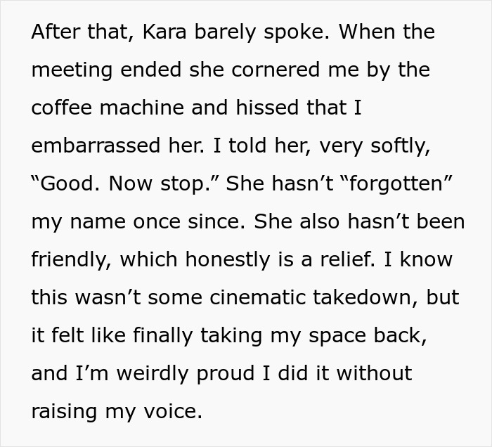 Text excerpt from an office story showing an employee&rsquo;s response after a coworker belittled her by forgetting her name.