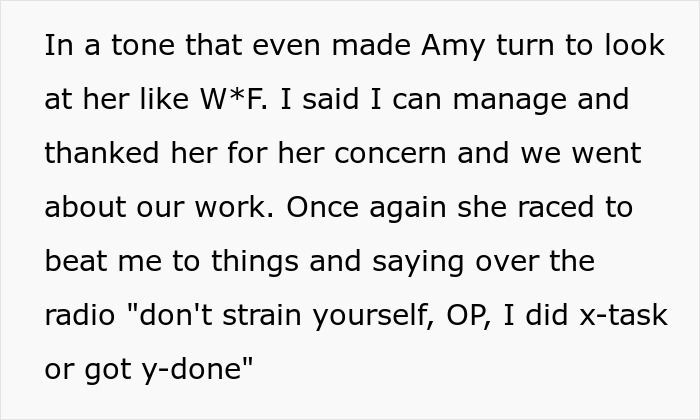 Text screenshot showing a conversation about managing work and concerns involving a coworker&rsquo;s behavior after work.