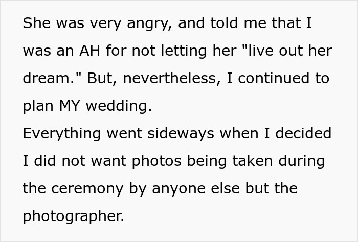 Text from a bride explaining how she handled her mother-in-law trying to hijack her wedding venue and dress plans.