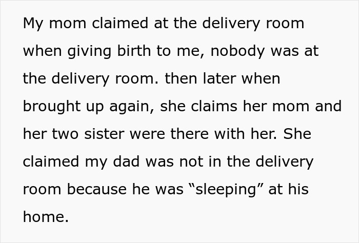Text discussing a mom’s conflicting claims about the delivery room and resistance to daughter taking a DNA test. Text discussing a mom’s conflicting claims about the delivery room and resistance to daughter taking a DNA test.