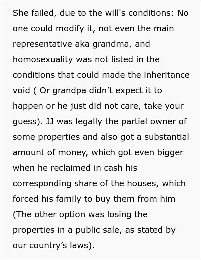 Text discussing family shock and disownment related to gay son's extravagant wedding and inheritance issues.