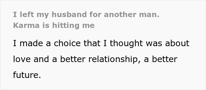 Text excerpt about a woman admitting defeat by karma after her affair partner leaves her following infidelity. Text excerpt about a woman admitting defeat by karma after her affair partner leaves her following infidelity.