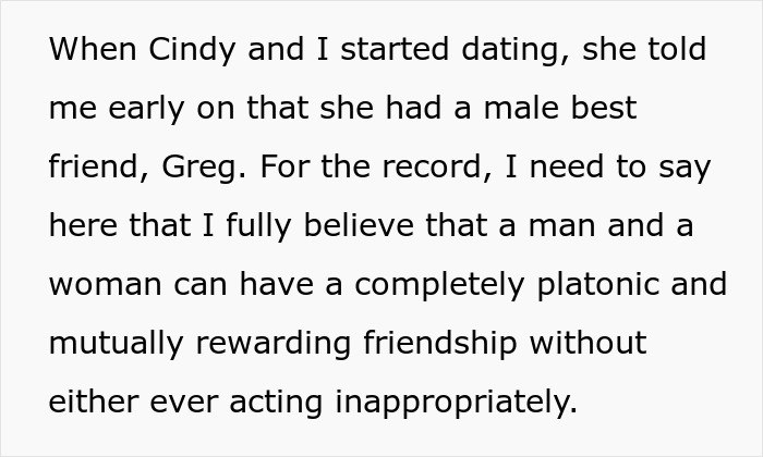 Text passage about believing in a platonic and rewarding friendship between a male bestie and a girlfriend without inappropriate actions
