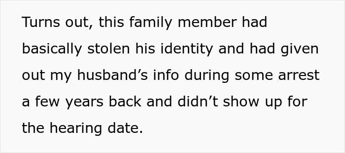 Text about a family member stealing identity and refusing mil refuse baby name during an arrest hearing date.