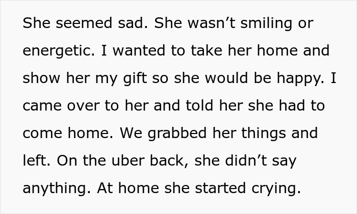 Wife mopes at birthday party, looking sad and withdrawn as husband arrives and leads her home after a surprise