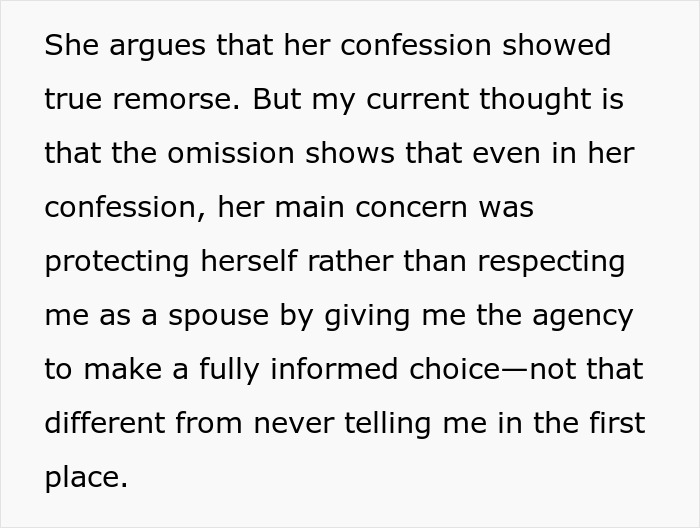Text excerpt about remorse and confession reflecting on a spouse&rsquo;s cheating and lack of full disclosure.