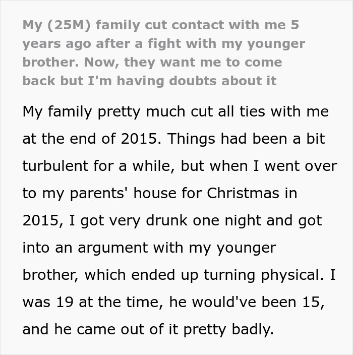 Text excerpt about family deciding to forgive a man for beating his brother five years ago, showing family tension and doubts.