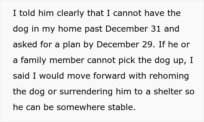 Text showing a woman threatening to take ex’s dog to a shelter if no plan is made for the dog’s care by December 29. Text showing a woman threatening to take ex’s dog to a shelter if no plan is made for the dog’s care by December 29.