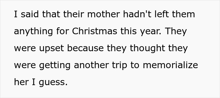 Text excerpt about step kids and their mother leaving nothing, relating to step kids mom loss money and disappointment at Christmas.