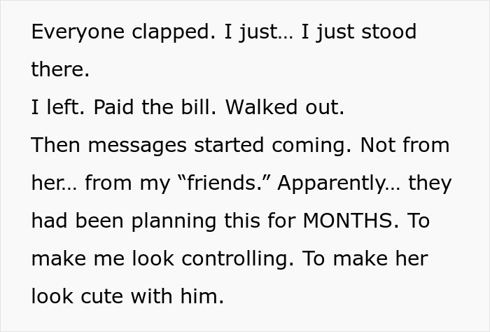 Text excerpt showing a man realizing a cruel prank planned by his girlfriend and her male bestie to humiliate him.