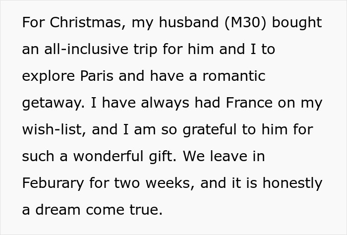 Text describing a woman&rsquo;s romantic getaway with her husband in Paris, reflecting on a dream trip planned for February.