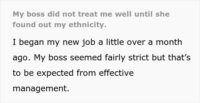 Text excerpt showing a bullied employee nitpicked by boss daily who later changes attitude after learning her ethnicity. Text excerpt showing a bullied employee nitpicked by boss daily who later changes attitude after learning her ethnicity.