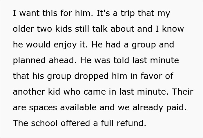 Text describing a mom upset as her autistic kid is excluded from a school trip despite planning ahead and payment made.