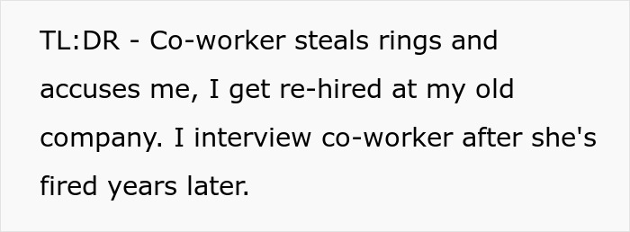 Text excerpt about coworker stealing and revenge, highlighting revenge on coworker who got him fired years prior.