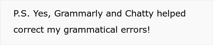 Text showing a note about Grammarly and Chatty helping to correct grammatical errors in a short typed message.