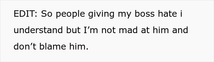 Text on a plain white background reads a personal edit statement about not blaming the boss, related to refuse shaving legs work.