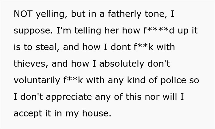 Text excerpt showing a fatherly tone lecture about not stealing and not tolerating thieves or police involvement in a household. Text excerpt showing a fatherly tone lecture about not stealing and not tolerating thieves or police involvement in a household.