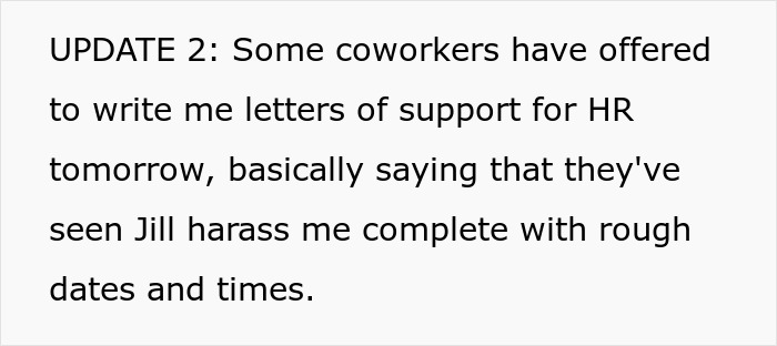 Text update on cancer surgery story after coworker comments, mentioning letters of support offered for HR involvement.