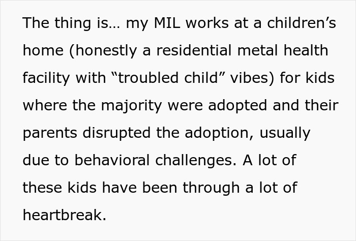 Text discussing MIL working at a children&rsquo;s home with troubled kids, relating to inappropriate baby shower idea rejection.
