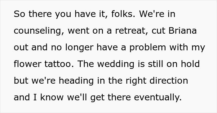 Man struggles with fiancée’s tattoo designed by ex, influenced by jealous friend, leading to wedding postponement and counseling progress. Man struggles with fiancée’s tattoo designed by ex, influenced by jealous friend, leading to wedding postponement and counseling progress.
