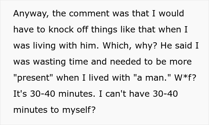 Screenshot of a comment about living with boyfriend, missing red flags and asking for 30-40 minutes alone
