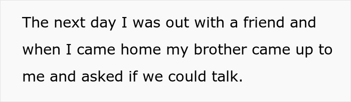 Text excerpt showing a conversation between siblings about a brother asking to talk after a recent event.