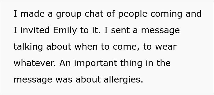 Text message about party plans mentioning food allergy restrictions set by the host to ensure guest safety and comfort.