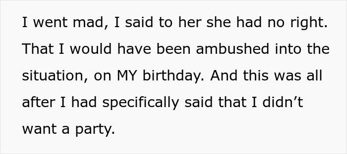 Text excerpt from a woman expressing anger about skipping her birthday party due to her ex being invited.