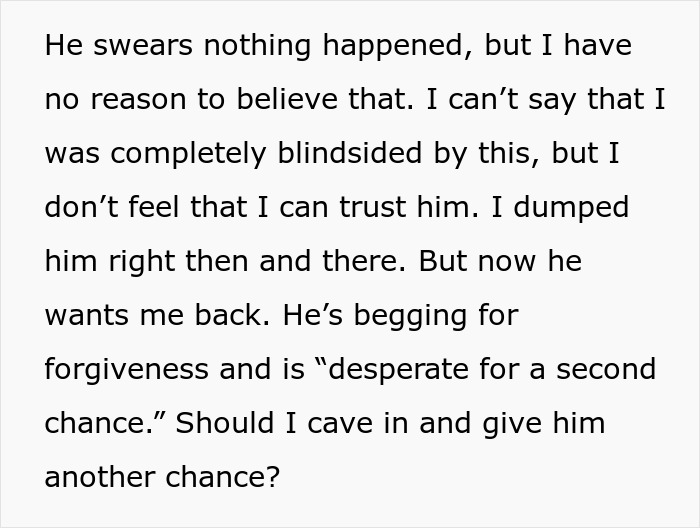 Text excerpt about a lying boyfriend who went on a trip with a female friend and is now begging for forgiveness.