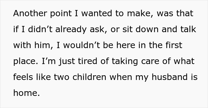 Text excerpt showing frustration about managing household chores alone while husband is home, highlighting wife’s effort. Text excerpt showing frustration about managing household chores alone while husband is home, highlighting wife’s effort.