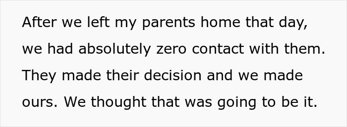 Text excerpt discussing a couple cutting contact with man's parents after threats related to having kids and inheritance.