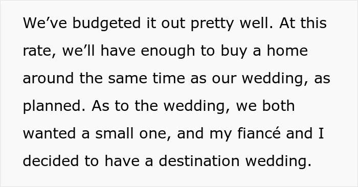 Text discussing budgeting for a wedding and planning a destination wedding with fianc&eacute; and handling money.