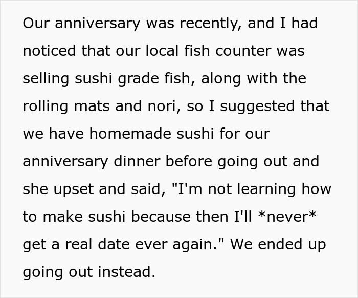 Couple discussing homemade sushi for anniversary dinner with chef girlfriend reluctant to stop going to restaurants.