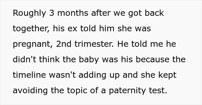 Text excerpt describing a man stepping into hero mode for his pregnant ex and offering to raise her baby while his girlfriend walks away from the mess.