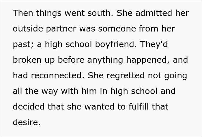 Text excerpt about a wife making husband agree to an open marriage to reconnect with her ex from high school.