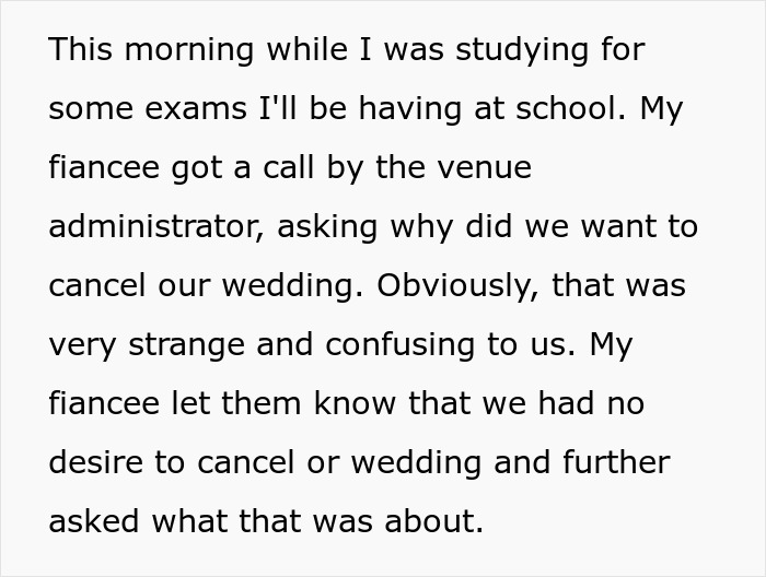 Text of a man explaining confusion after a venue called about canceling wedding amid parents' guilt-tripping about having kids.